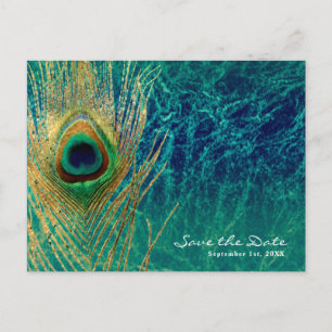 Carte Postale Faire-part Peacock Feather Blue Turquoise Gold Glam Enregistr