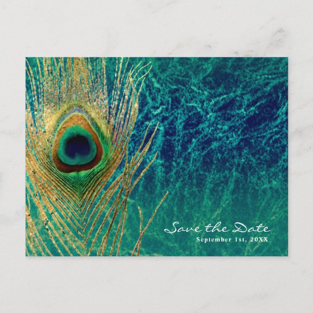 Carte Postale Faire-part Peacock Feather Blue Turquoise Gold Glam Enregistr (Devant)