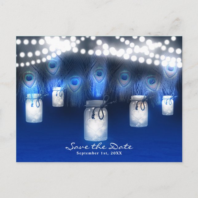 Carte Postale Faire-part Peacock Feathers, Mason Jar & Lights Enregistrer l (Devant)