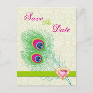 Carte Postale Faire-part Peacock plumes bijou coeur mariage Enregistrer la