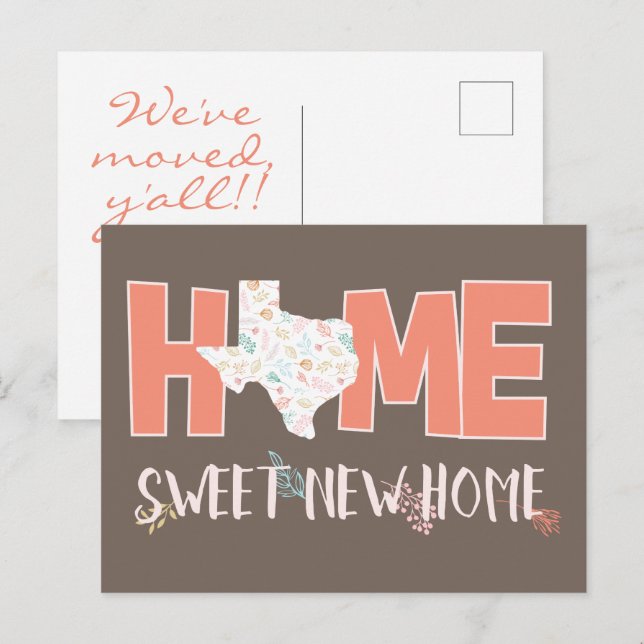 Carte Postale Faire-part Pêche & Brown Home, Sweet New Home - Texas (Devant / Derrière)