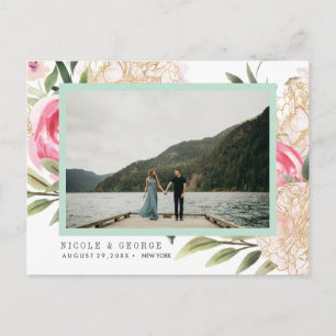 Carte Postale Faire-part Peony gold flowers Photo MARIAGE SAUVER LA DATE