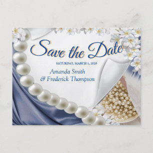 Carte Postale Faire-part Perles de soie bleue et d'ivoire Sauvez la date