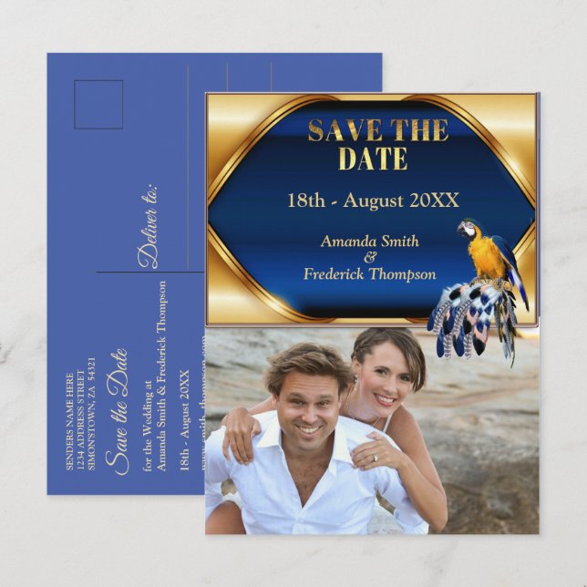 Carte Postale Faire-part Perroquet exotique tons de bleu Save the Dates (Devant / Derrière)