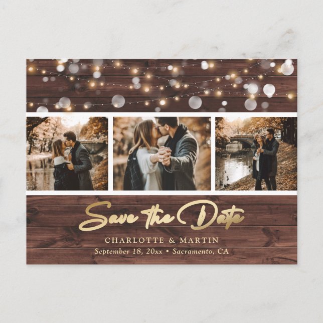 Carte Postale Faire-part Personnalisé Rustic Wood Mariage 3 Photo Enregistr (Devant)