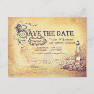 Carte Postale Faire-part Phare ancien de style nautique enregistrer la date