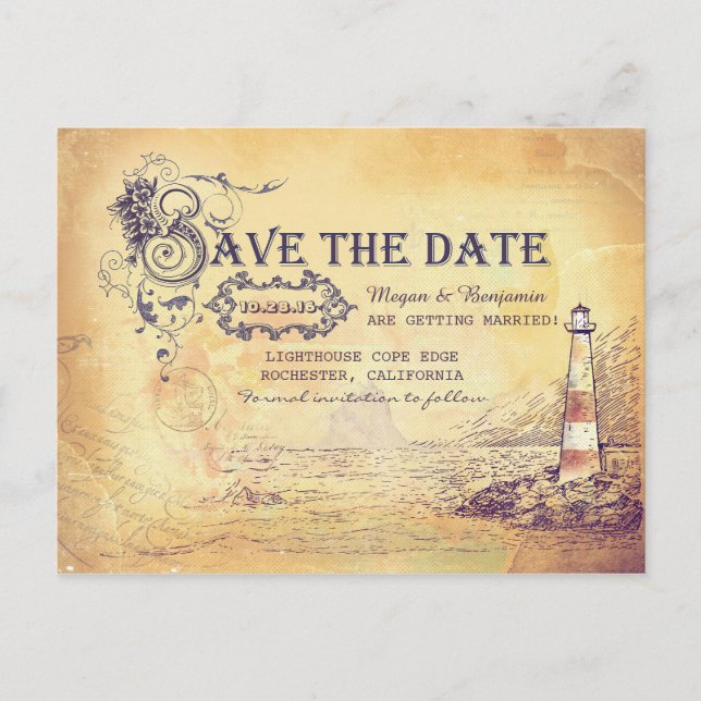 Carte Postale Faire-part Phare ancien de style nautique enregistrer la date (Devant)