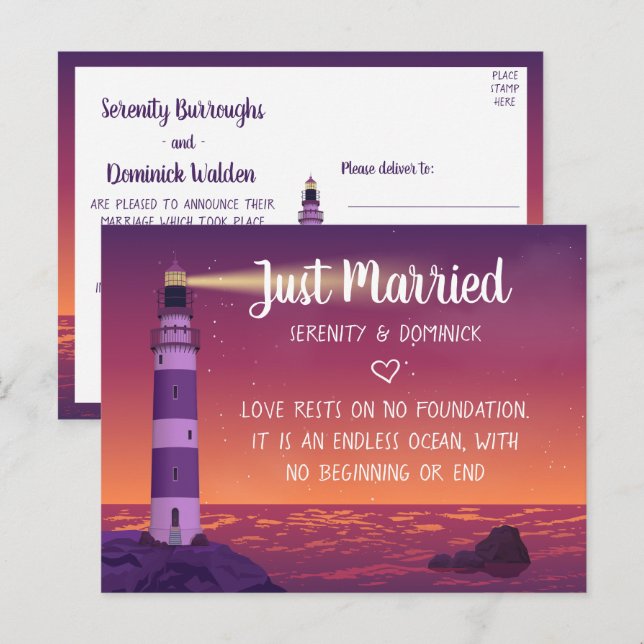 Carte Postale Faire-part Phare Océanique Nautique Jeunes Mariés Mariage (Devant / Derrière)