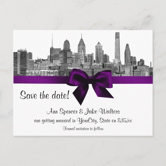 Carte Postale Faire-part Philadelphie Skyline Etch BW Purple Enregistrer la (Devant)