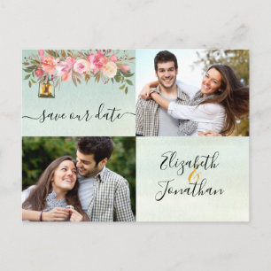 Carte Postale Faire-part Photo Corail Rose Or Floral Vert Aquarelle