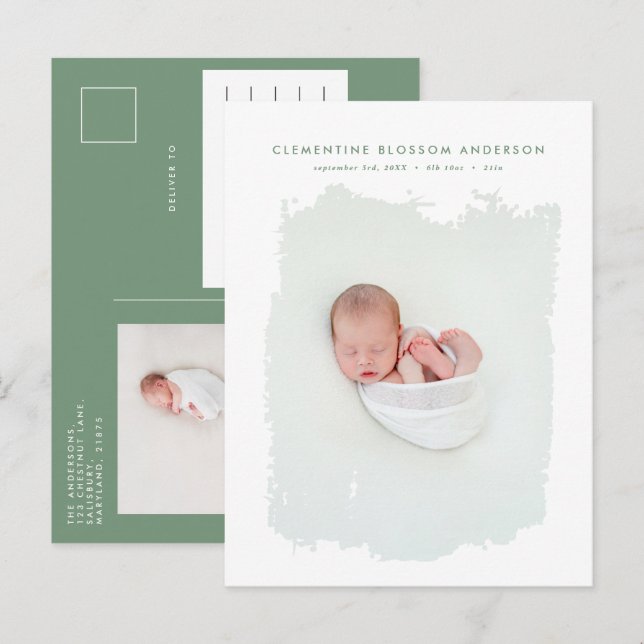 Carte Postale Faire-part Photo d'annonce de naissance bleu minimal élégant (Devant / Derrière)