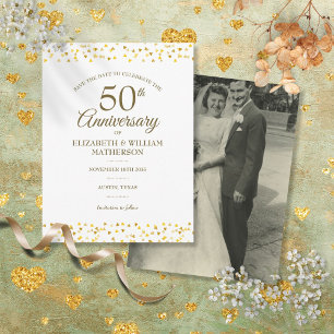 Carte Postale Faire-part Photo de 50e anniversaire Cœurs dorés Enregistrez 