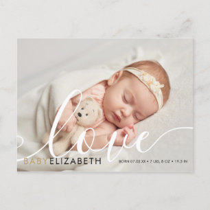 Carte Postale Faire-part Photo de bébé élégant Script Amour Cœurs Naissance