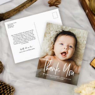 Carte Postale Faire-part Photo de bébé en écriture manuscrite Merci Naissan