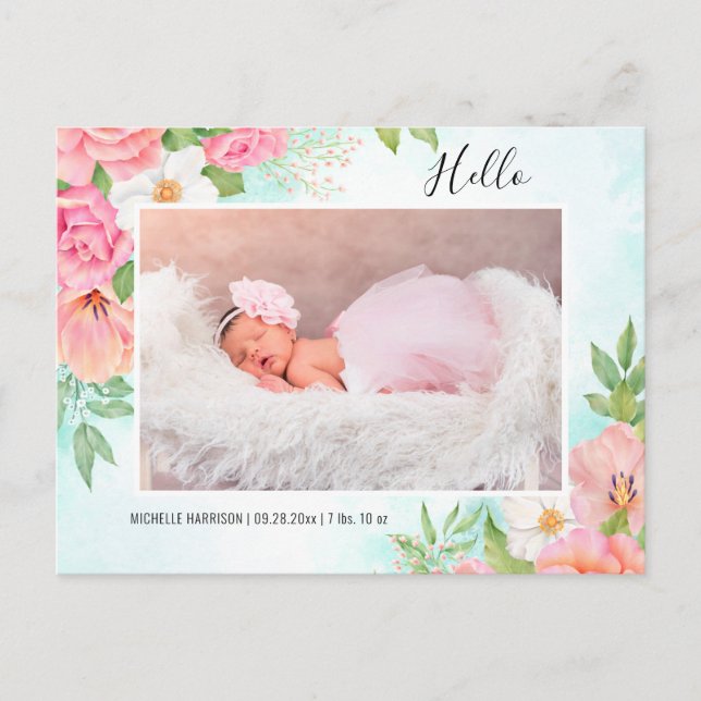 Carte Postale Faire-part Photo de bébé fille floral aquarelle rose turquois (Devant)