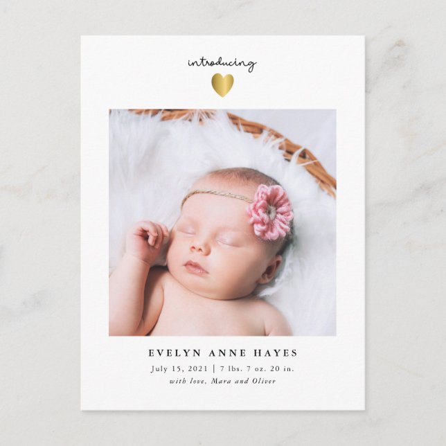 Carte Postale Faire-part Photo de bébé moderne Gold Heart Birth (Devant)