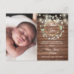 Carte Postale Faire-part Photo de bébé verdure bois rustique Merci Naissanc
