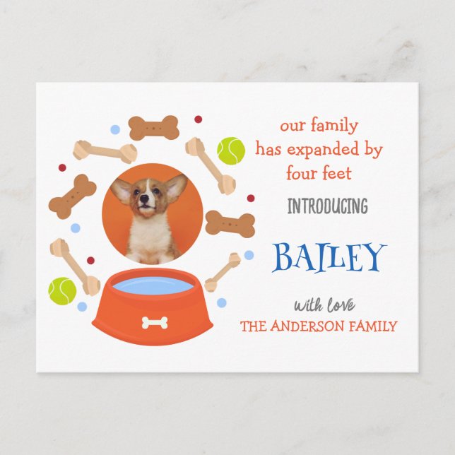 Carte Postale Faire-part photo de l'adoption d'un chien familier (Devant)