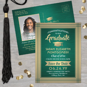 Carte Postale Faire-part Photo de remise de diplôme en vert et or métallisé