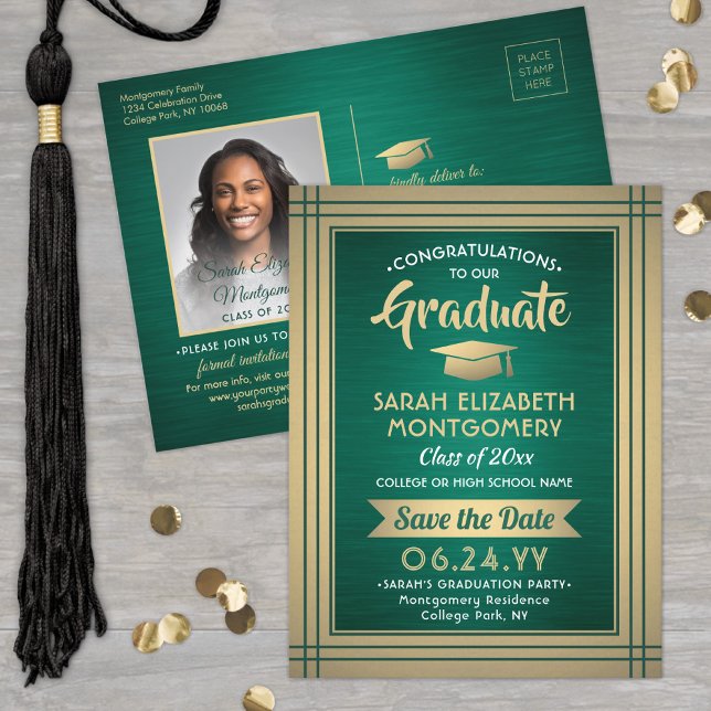 Carte Postale Faire-part Photo de remise de diplôme en vert et or métallisé (Créateur téléchargé)