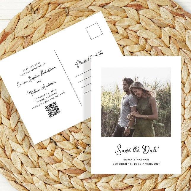 Carte Postale Faire-part Photo doux et fantaisiste | Code QR Enregistrez la (A sweet and whimsical wedding save the date postcard, with your photo and a scannable QR code)