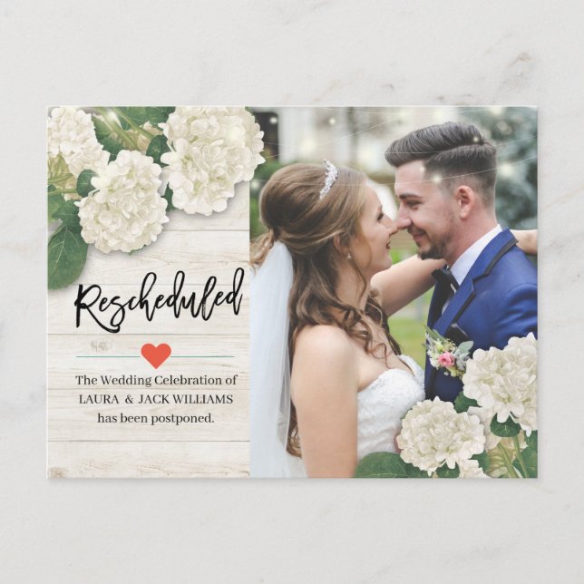 Carte Postale Faire-part Photo du report mariage reprogrammé Hydrangeas (Devant)
