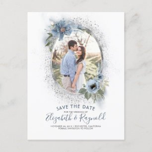 Carte Postale Faire-part Photo Dusty Blue et Silver Enregistrer la date