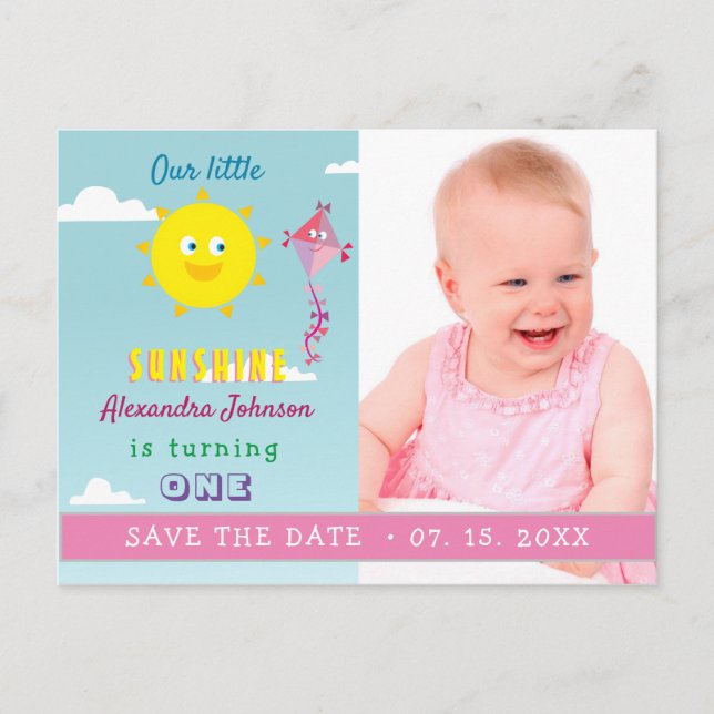 Carte Postale Faire-part Photo Girl 1er Anniversaire Enregistrer La Date (Devant)