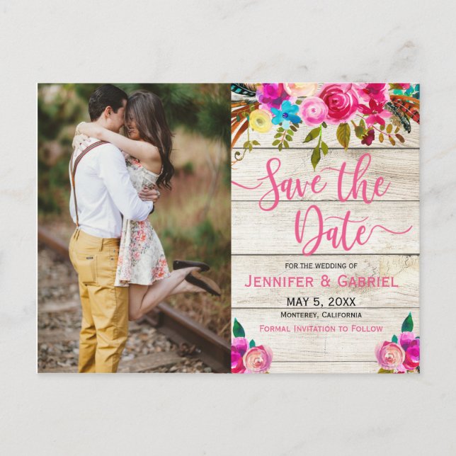 Carte Postale Faire-part Photo manuscrite rose florale Enregistrer la date (Devant)