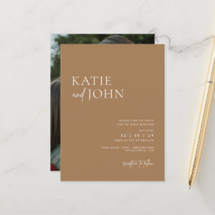 Carte Postale Faire-part Photo minimaliste moderne de Mariage en bois tan b