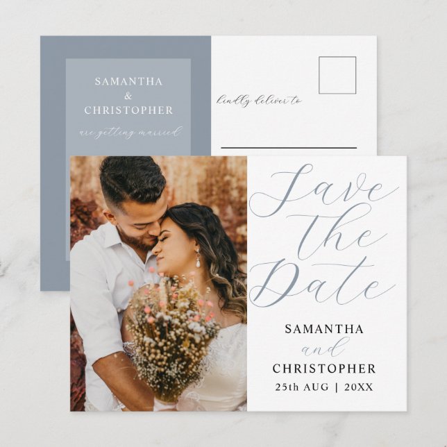 Carte Postale Faire-part Photo moderne Dusty Blue Save the Date Mariage (Devant / Derrière)