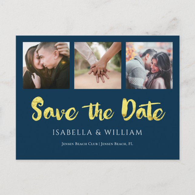 Carte Postale Faire-part Photo Navy Blue Gold Foil Enregistrer la date (Devant)