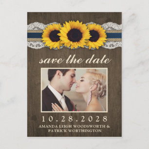 Carte Postale Faire-part Photo Sunflower Rustic Blue Burlap Enregistrer la 