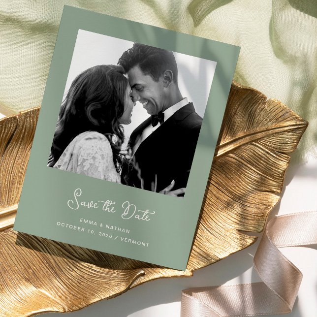 Carte Postale Faire-part Photo verte Sage | Code QR Enregistrer La Date (An elegant, sage green save the date card with your photo and a QR code)