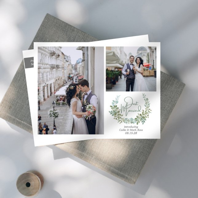 Carte Postale Faire-part Photos de mariage Greenery Just Married (Créateur téléchargé)