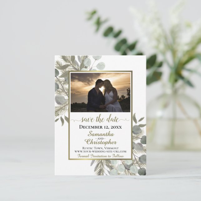Carte Postale Faire-part Pin rustique & Eucalyptus Blanc Enregistrer la pho (Debout devant)