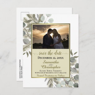 Carte Postale Faire-part Pin rustique & Eucalyptus Gold Enregistrer la date