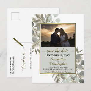 Carte Postale Faire-part Pin rustique & Eucalyptus gris Enregistrer la date