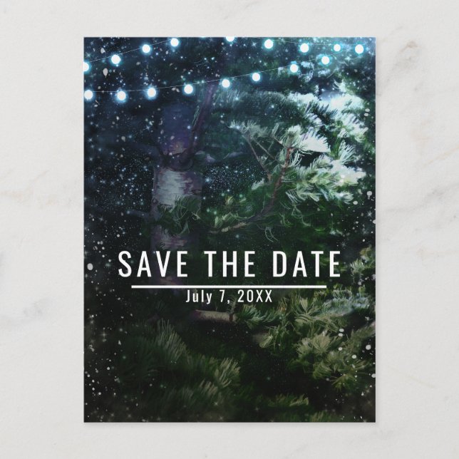 Carte Postale Faire-part Pine Tree & Lights Mariage d'hiver Enregistrer la  (Devant)