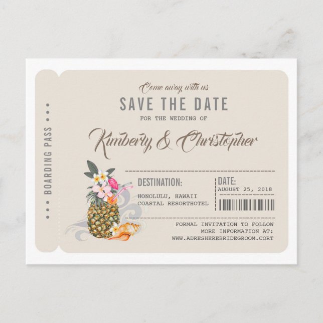 Carte Postale Faire-part Pineapple Boarding Pass Ticket Enregistrer la date (Devant)
