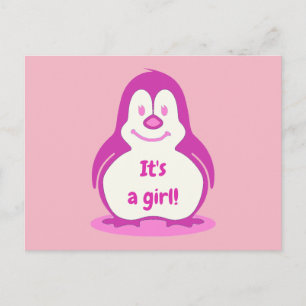 Carte Postale Faire-part Pingouin souriant rose amusant C'est une fille Rév