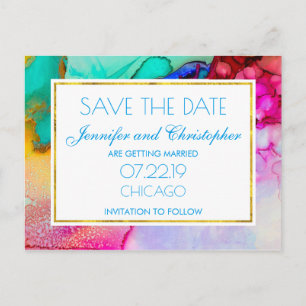 Carte Postale Faire-part Pink and Turquoise Marble Abstract Watercolor