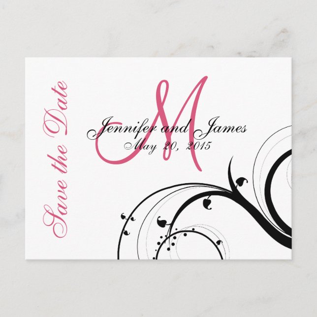 Carte Postale Faire-part Pink, Black, White Swirls Enregistrer la date Cart (Devant)