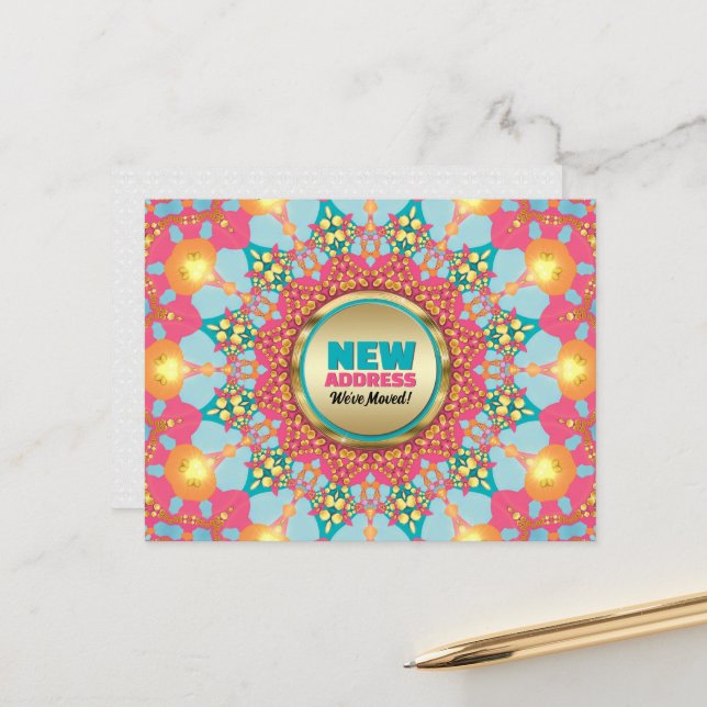 Carte Postale Faire-part Pink Blue Mandala We've Moved New Address (Devant/Arrière en situation)