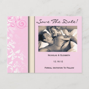 Carte Postale Faire-part Pink Elegant Vintage Damask Enregistrer la date