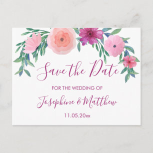 Carte Postale Faire-part PInk Fleurs de mariage Enregistrer la date