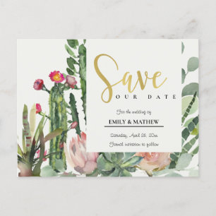 CARTE POSTALE FAIRE-PART PINK FLORAL DESERT CACTI FOLIAGE ENREGISTRER LA DA