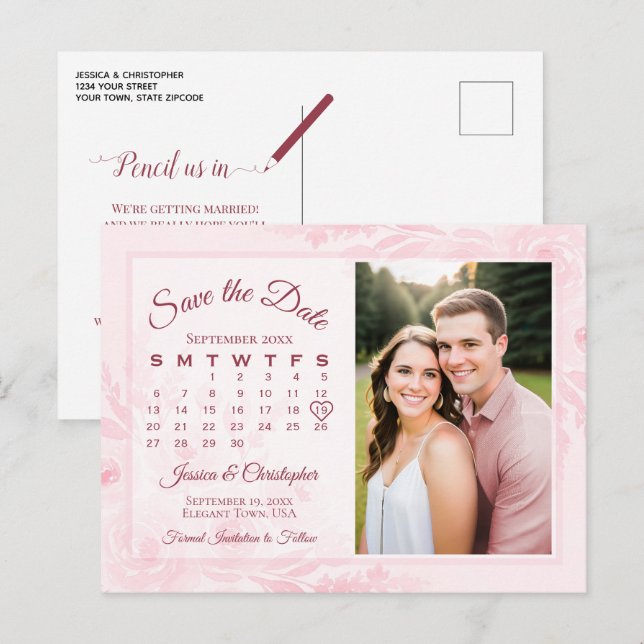 Carte Postale Faire-part Pink Peonies Wedding Save the Date Calendar Photo (Devant / Derrière)