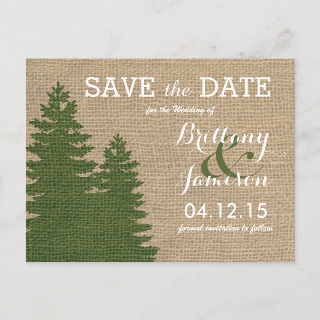 Carte Postale Faire-part Pins de Burlap rustique hiver Enregistrer la date (Devant)