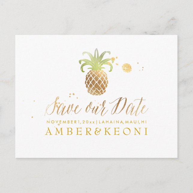 Carte Postale Faire-part PixDezines Ananas / Faux Or / Enregistrer la date (Devant)